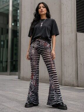 Blush Mark Y2K Tattoo Print Mesh Flare Pants XL Dragon Rose